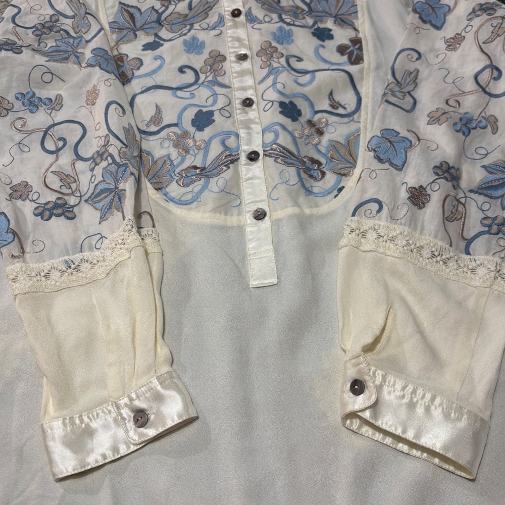 John Mark Embroidered Tunic Blouse Womens XL Cream Gold Blue Mixed Media  EUC - Picture 5 of 9